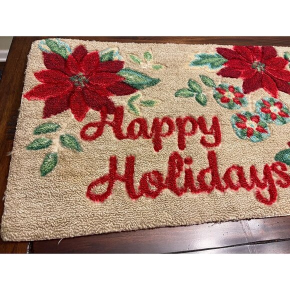 Christmas Mat Happy Holidays Poinsettias Retro Hooked Rug - Picture 2 of 8
